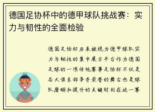 德国足协杯中的德甲球队挑战赛：实力与韧性的全面检验