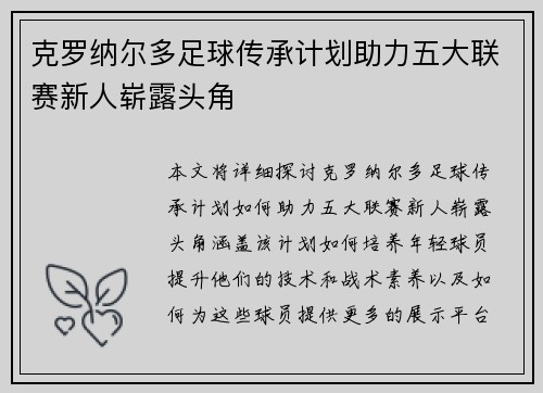 克罗纳尔多足球传承计划助力五大联赛新人崭露头角
